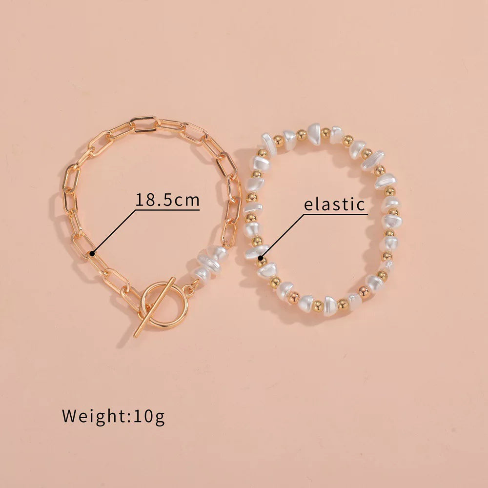 Pearl Irregular OT Chain Elastic Bracelet 2-piece Set | Gold Alloy | Old Money Vacation Daily | Commuter Light Luxury Women
