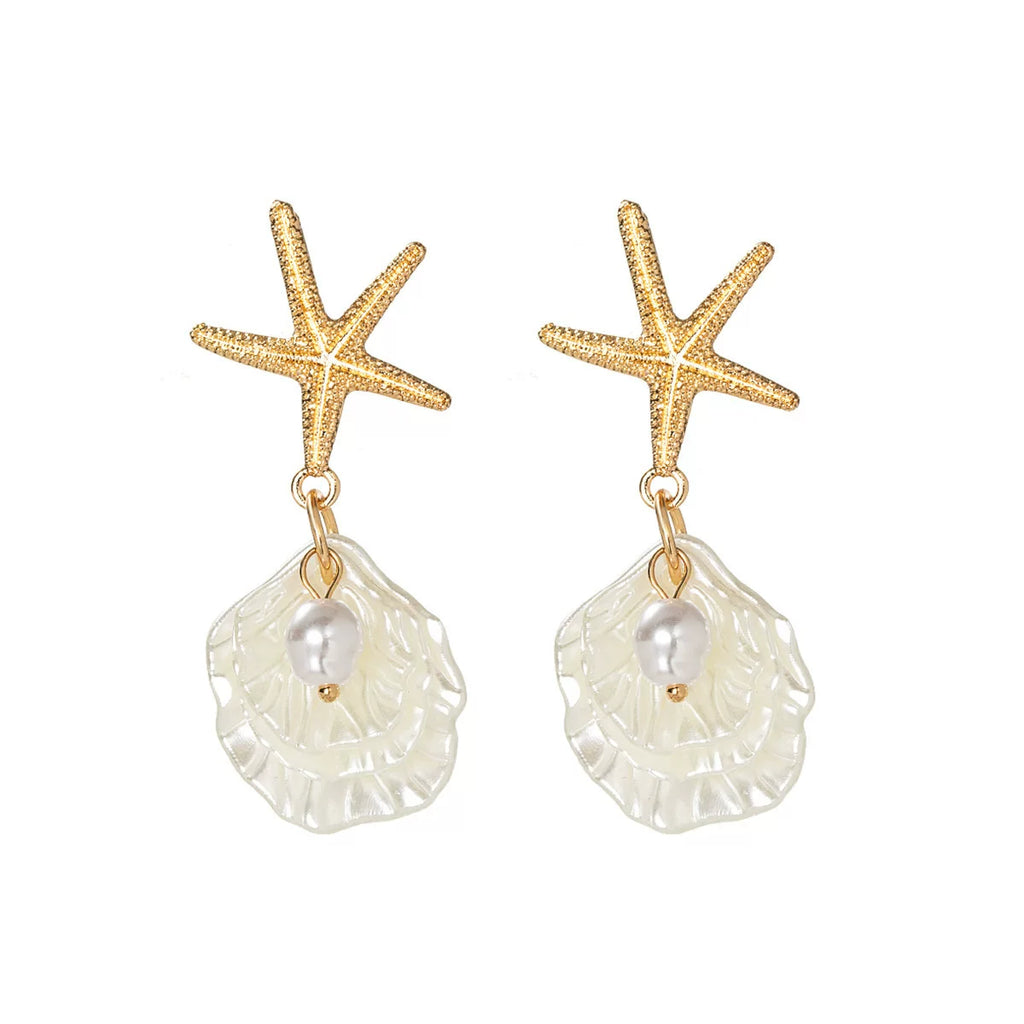 Ocean Starfish Pearl Shell Earrings Necklace Set | Alloy | Summer Beach Vacation Coastal | Holiday Fashion Women
