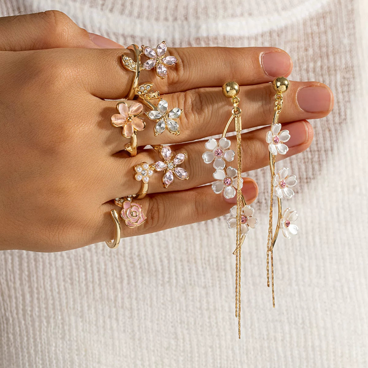 Easyjoy Fresh Wind ABS Imitation Pearl Cute Flower Long Tassel Ladies Commuter Temperament Elegant Earrings Ring