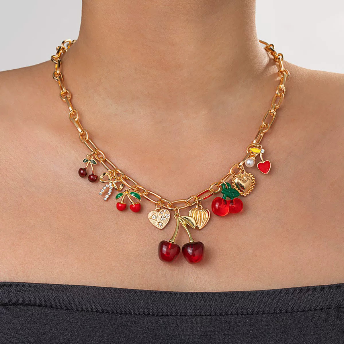 Mixed Elements Cherry Heart multi Pendant Bracelet Necklace Set | Alloy mix pearl | Raw Dopamine| Multi-material | Versatile Women