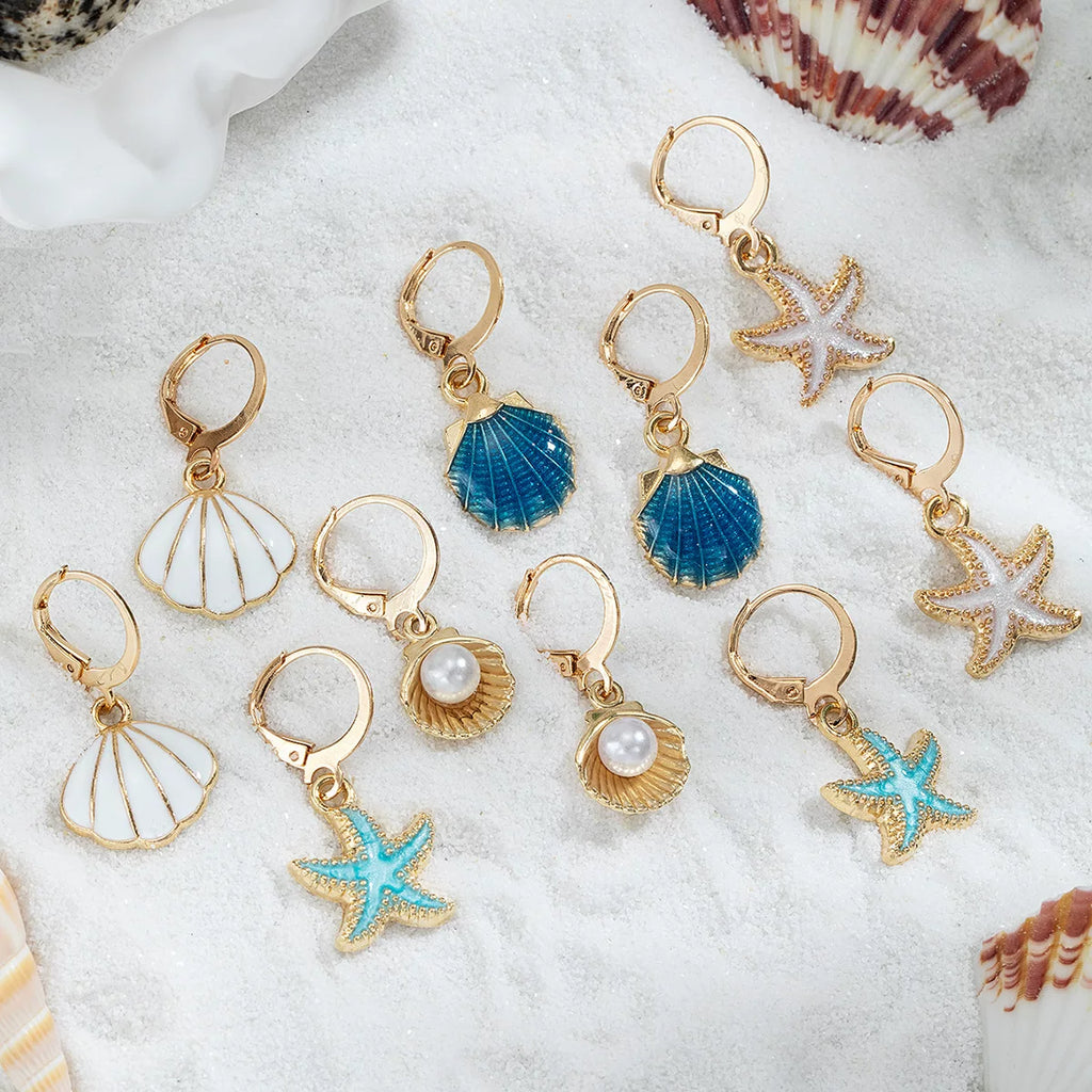 Ocean Starfish Shell Scallop Pearl Earrings Pendant Multi-piece Set | Alloy | Coastal Beach Vacation | Holiday Fashion Women