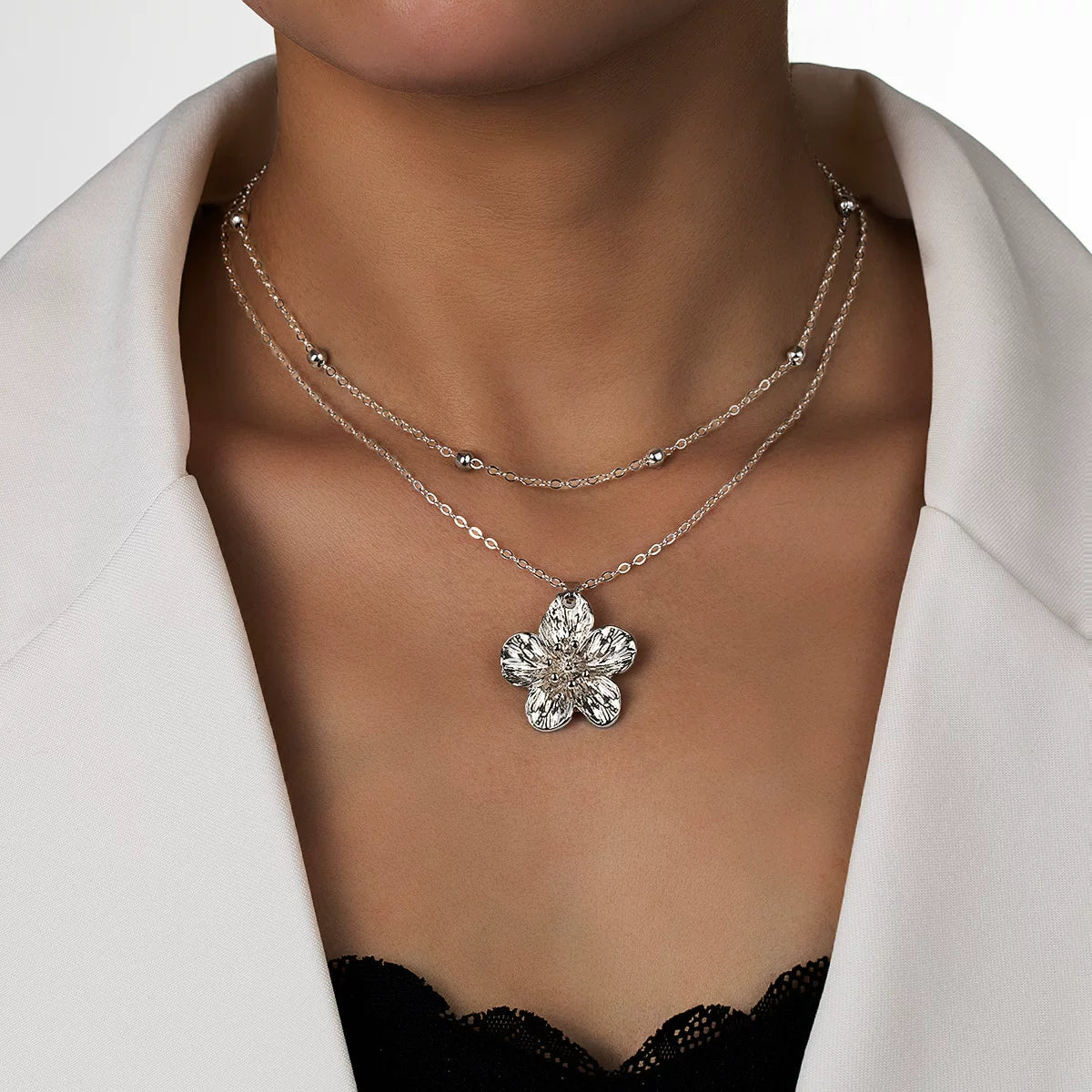 Floral 3D Flower Pendant Beaded Multi-layer Adjustable Necklace | Alloy | Stacked Niche Light Luxury | Fashion Women