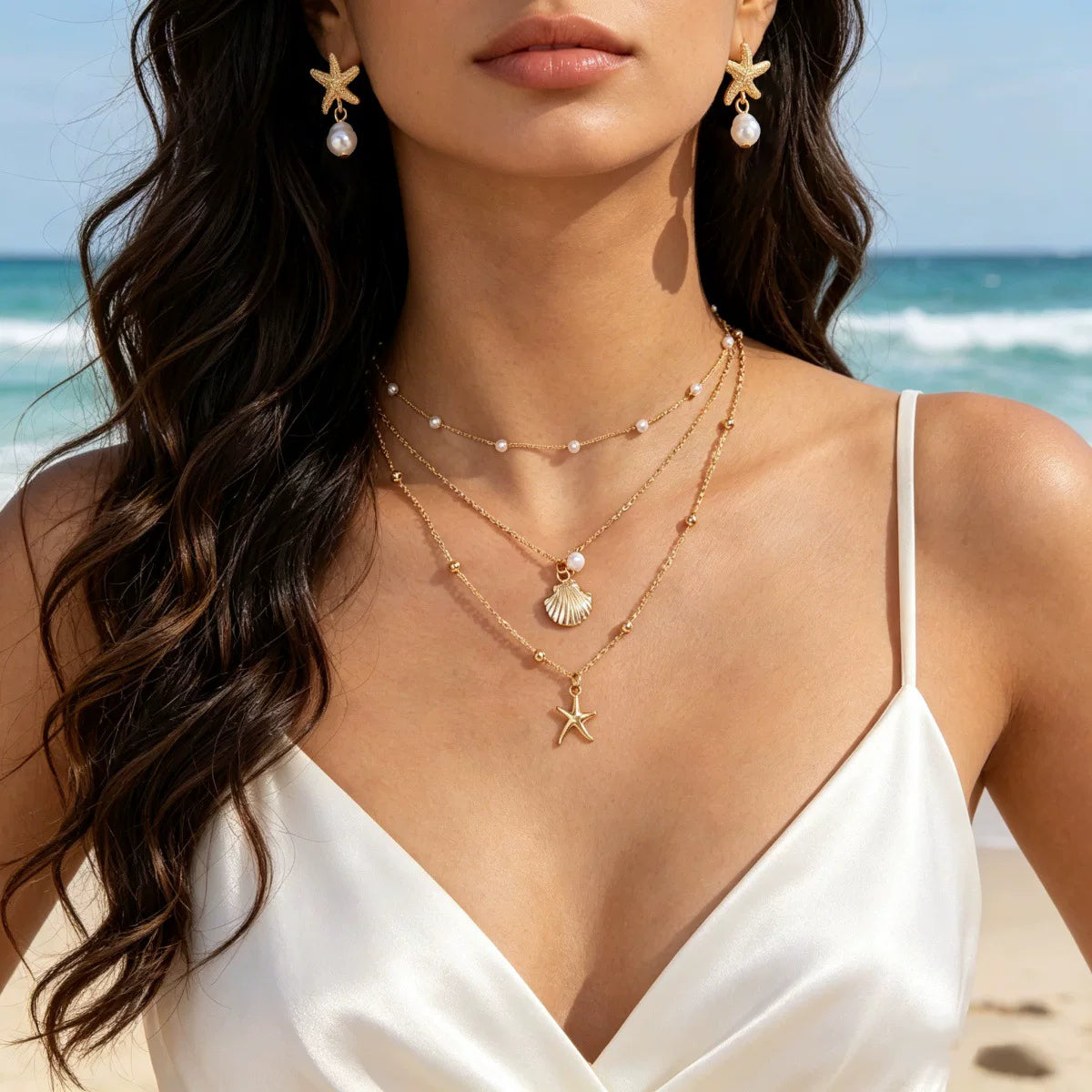 Ocean Starfish Pearl Shell Earrings Necklace Set | Alloy | Summer Beach Vacation Coastal | Holiday Fashion Women