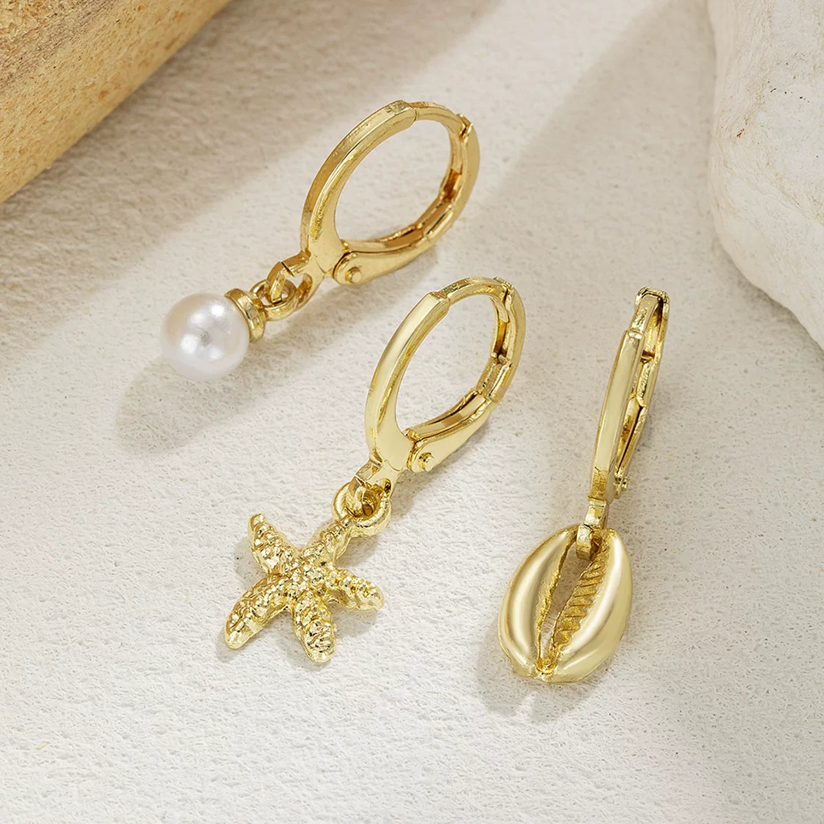 Ocean Pearl Starfish Shell Earrings Multi-piece Set | Alloy Silver Needle | Coastal Holiday Vacation | Beach Fashion Women