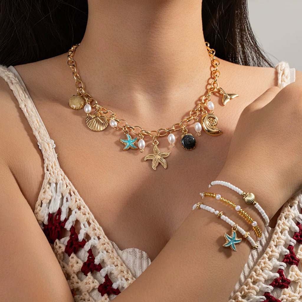 Ocean Starfish Shell Mermaid Tail Pendant Necklace | Enamel Zinc Alloy | Multi pendants Stackable Mix match | Coastal Beach Vacation Holiday Summer vibe | French Chic Fashion Gift  For her