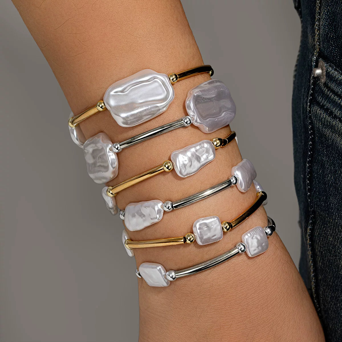 Mixed Elements Pearl Special-shaped ABS Elastic Stacked Bracelet Stackable Set | Light Luxury Multi-material | Old Money Elegant | Women