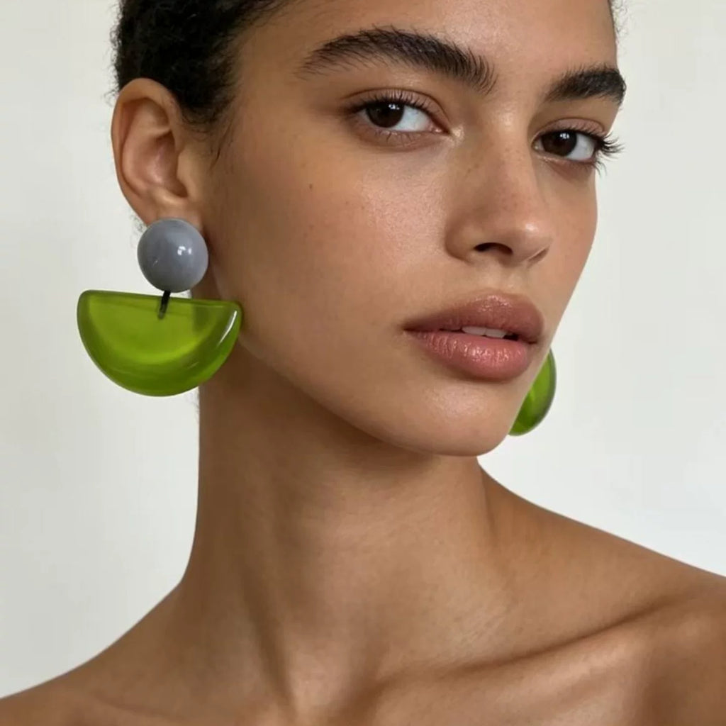 Vintage geometric semicircle green round stud earrings resin waterproof curved earrings bold glossy statement oversized daily wear vacation jewelry