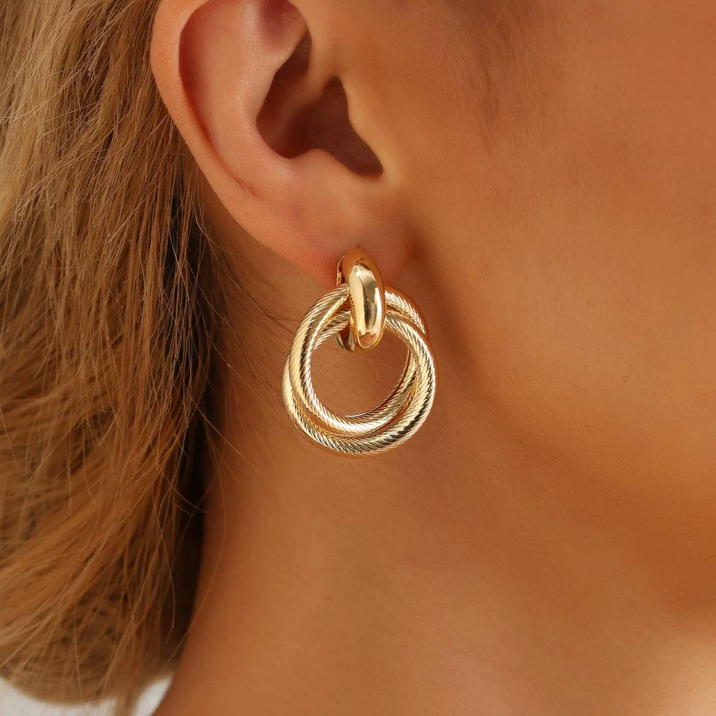 French Retro Gold Double Ring Earrings | Metal Alloy | Exaggerated Geometric Texture Niche | Sculptural High-End Fashion Women