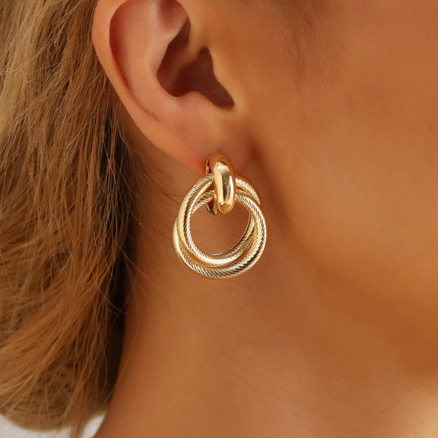 French Retro Gold Double Ring Earrings | Metal Alloy | Exaggerated Geometric Texture Niche | Sculptural High-End Fashion Women