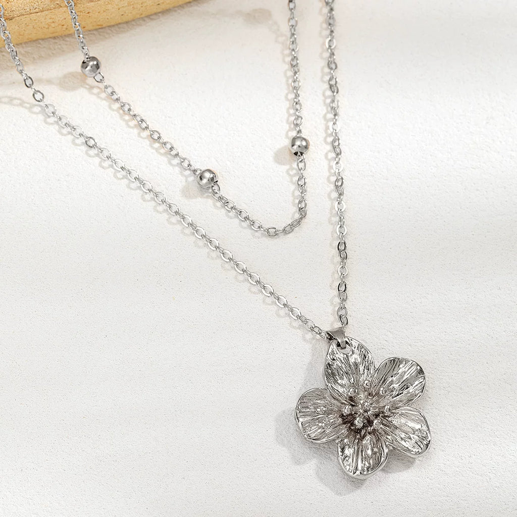 Floral 3D Flower Pendant Beaded Multi-layer Adjustable Necklace | Alloy | Stacked Niche Light Luxury | Fashion Women