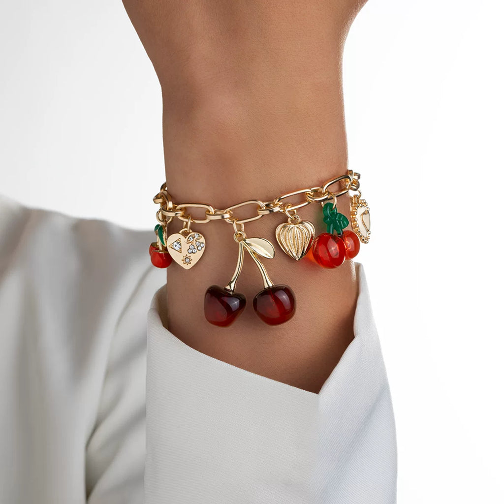 Mixed Elements Cherry Heart multi Pendant Bracelet Necklace Set | Alloy mix pearl | Raw Dopamine| Multi-material | Versatile Women