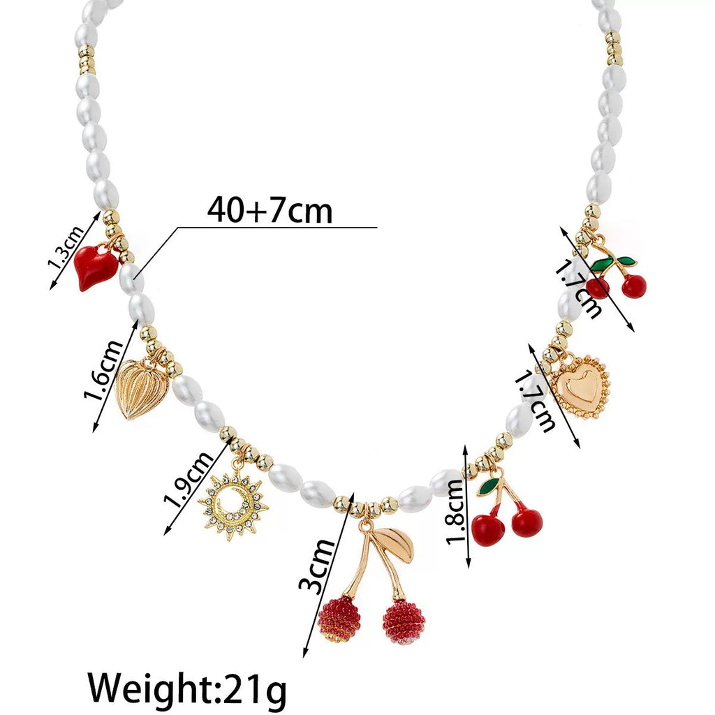 Mixed Elements Cherry Heart multi Pendant Bracelet Necklace Set | Alloy mix pearl | Raw Dopamine| Multi-material | Versatile Women