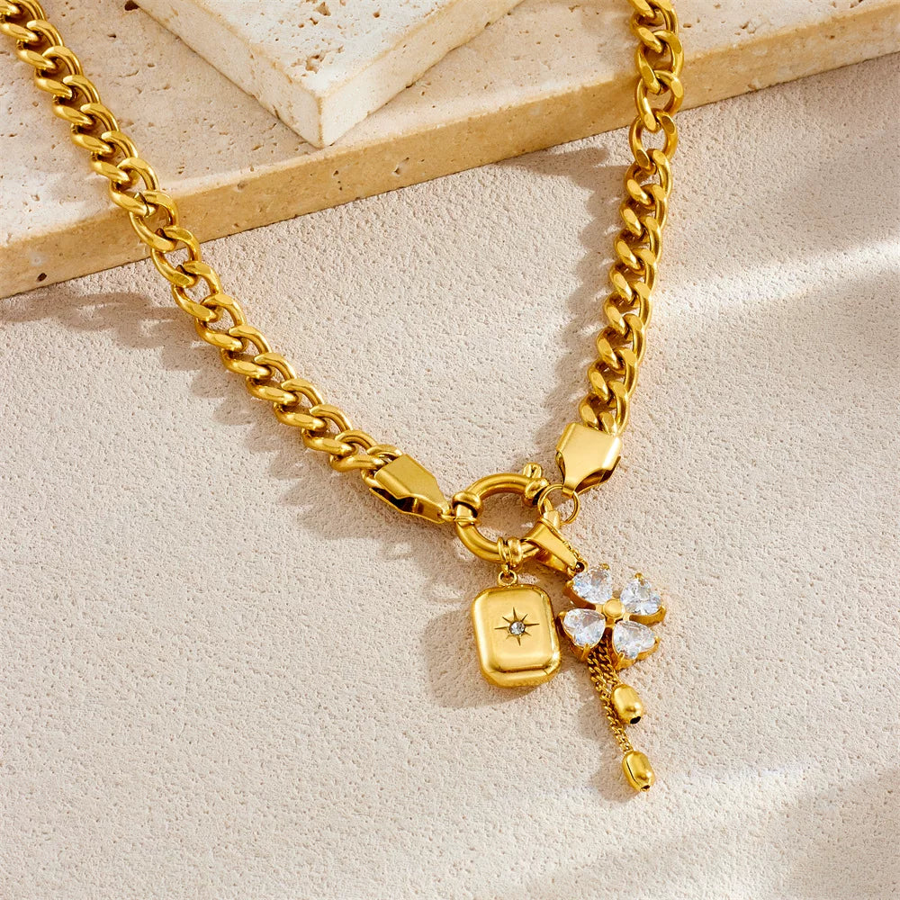 Diamond Flower Mango Star Square Pendant Fringe Chain Jewelry Set | Stainless Steel | Sweet Cool Niche | Fashion Women