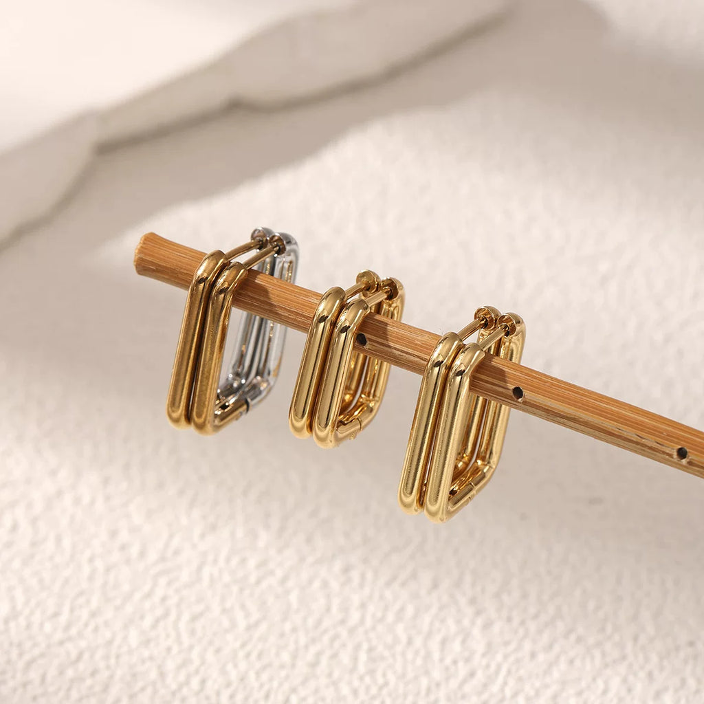 Stainless Steel Mixed Metal two tone Gold and Silver Sculptural splicing Geometric structural Earrings Premium Glossy Gold Ear Buckles Daily wear Commuter effortless chic
