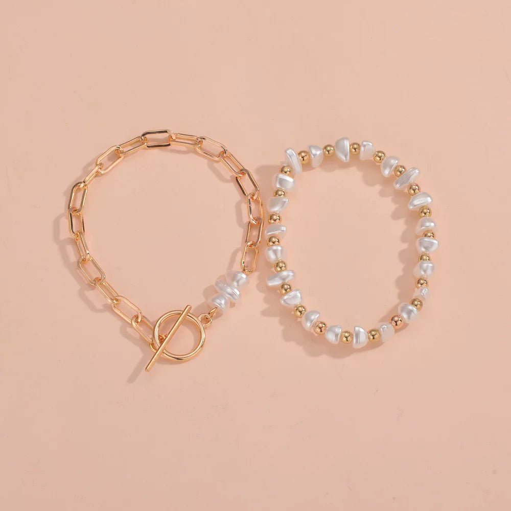 Pearl Irregular OT Chain Elastic Bracelet 2-piece Set | Gold Alloy | Old Money Vacation Daily | Commuter Light Luxury Women