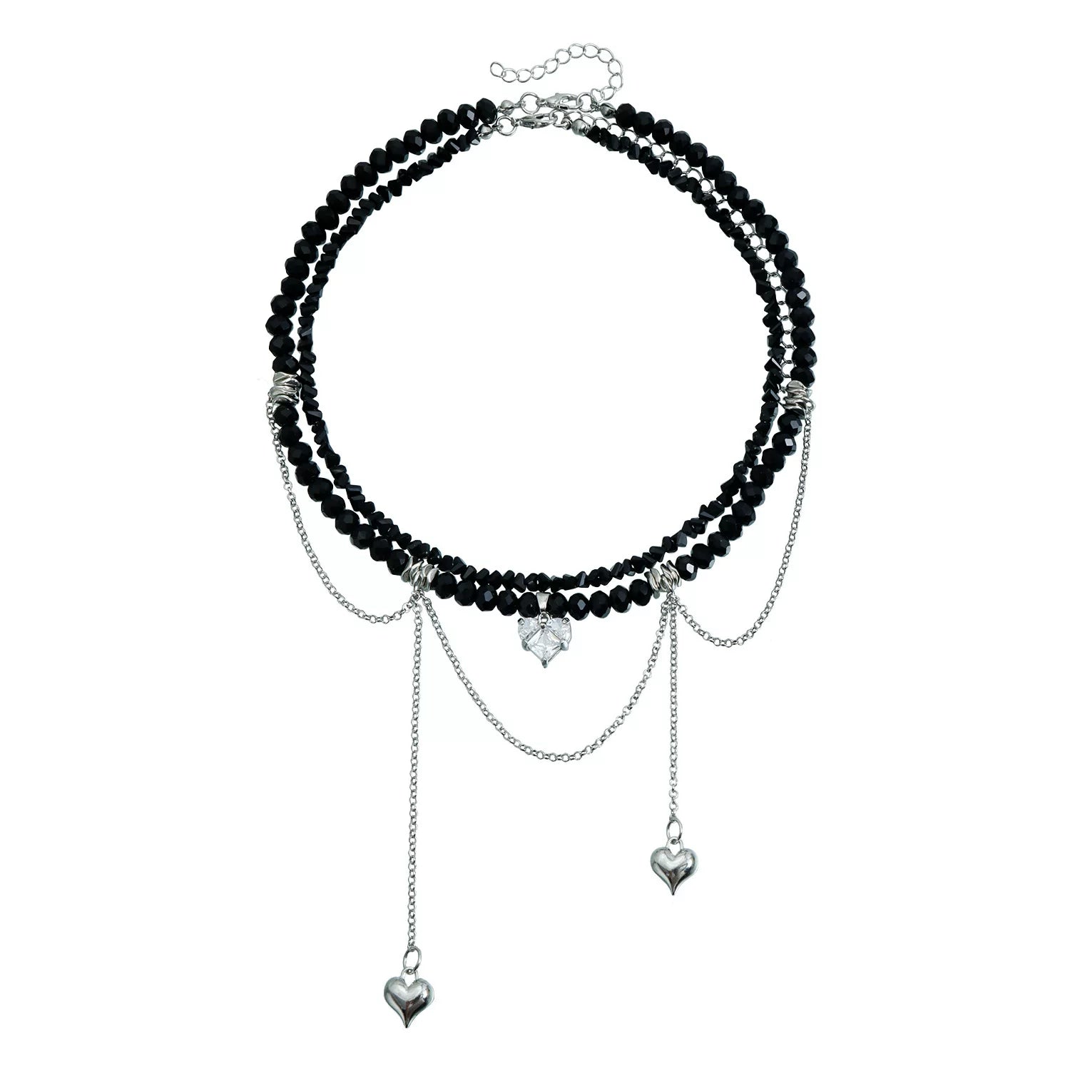 Mixed Elements metal heart pendant Zircon CZ Double Chain Tassel Necklace | Gold Alloy | INS Light Luxury Premium Multi-material | Collarbone Chain Women