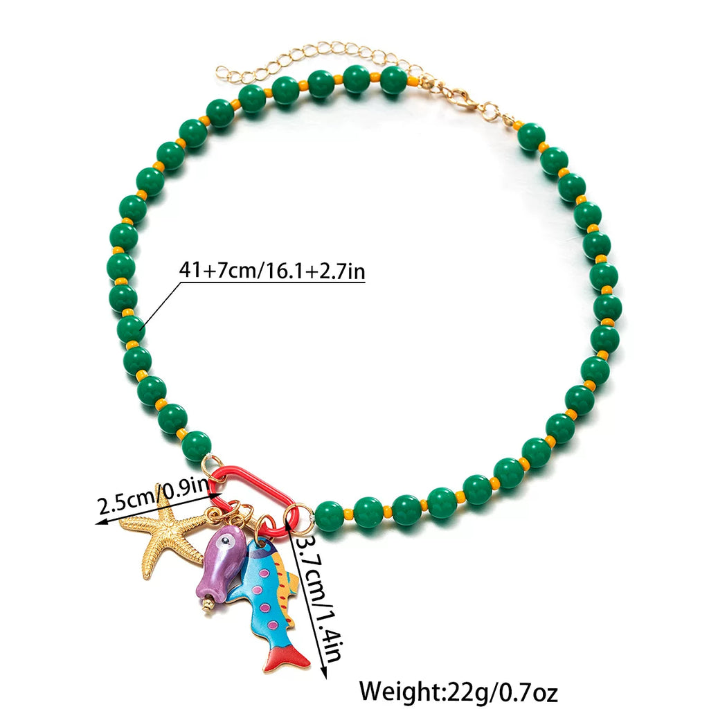 Vibrant Enamel Layered Marine life Multi Pendant Beaded Layered Ocean Necklace | Colorful Mixed tone zinc Alloy | Retro Niche Light Luxury| Collarbone Stackable Chain French chic Raw Dopamine | Gift for her