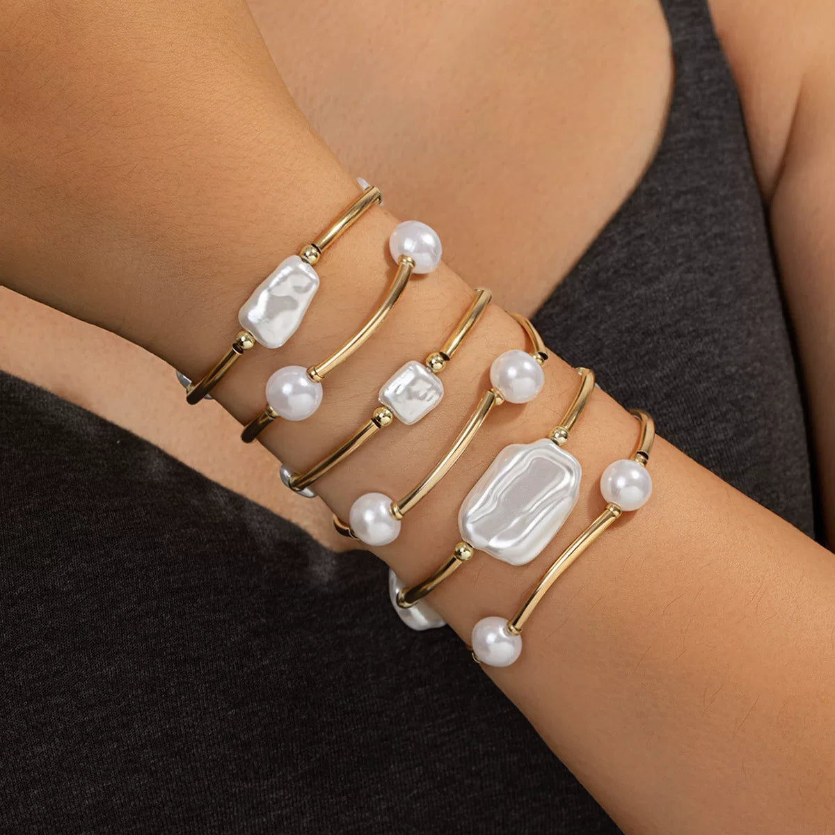 Mixed Elements Pearl Special-shaped ABS Elastic Stacked Bracelet Stackable Set | Light Luxury Multi-material | Old Money Elegant | Women
