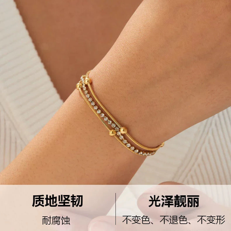 Mixed Elements Full Diamond Snake Chain Multi-layer Stacking Splicing Bracelet | 18K Gold Stainless Steel | Old Money High-End Multi-material | Jewelry Women