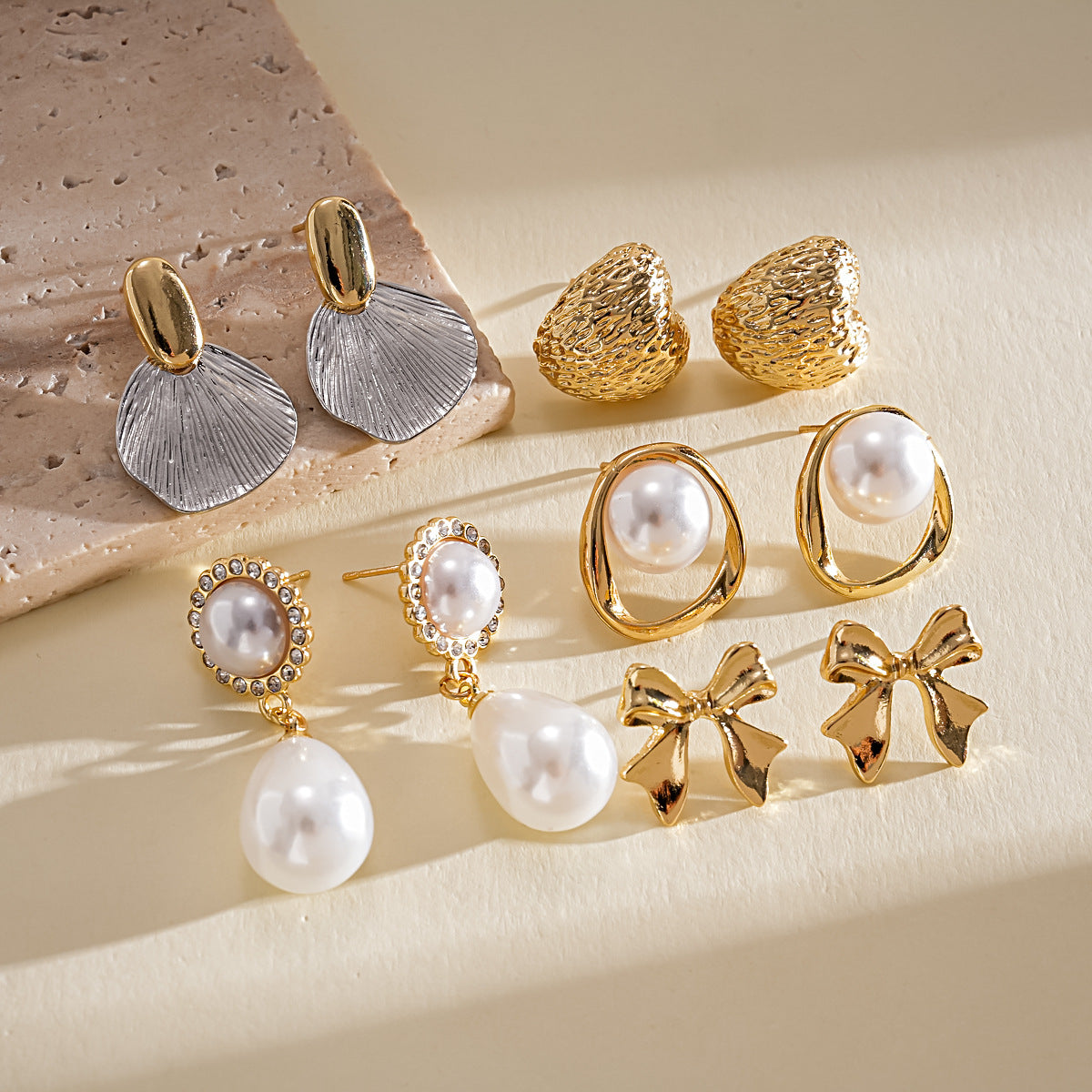 ZAMA DUMA ten-piece set retro pearl metal pleated bow silver needle earrings cross-border niche personalized fashion earrings