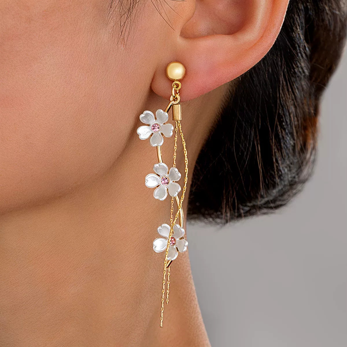 Easyjoy Fresh Wind ABS Imitation Pearl Cute Flower Long Tassel Ladies Commuter Temperament Elegant Earrings Ring