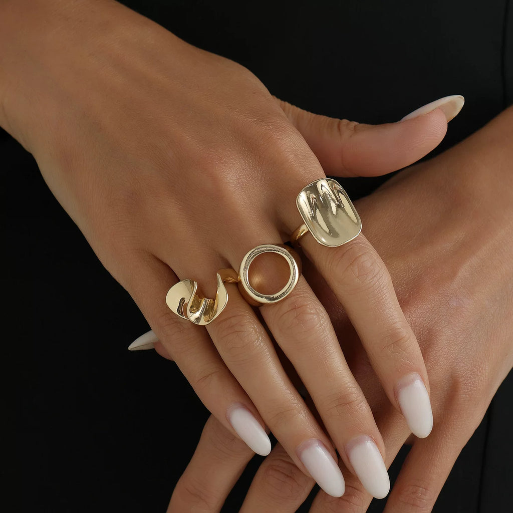Sculptural Irregular Hollow Geometric Alloy gold Ring Set Stackable Vintage Design Versatile Ring cold tone metal ring