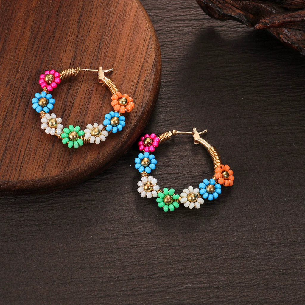 Raw Dopamine Rice Bead Flower Alloy Earrings | Colorful | Y2K Maximalist Holiday Party | Daily Commute Fashion Women