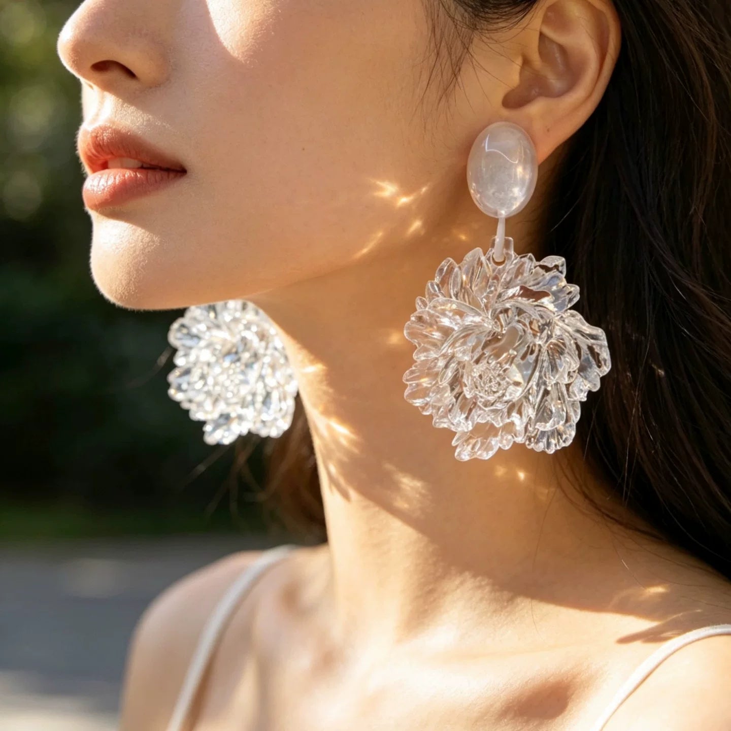 Ice clear Camellia Earrings Three-dimensional Resin Waterproof Flower Earrings Premium Silver Needle Earrings Light Luxury Daily wear statement Vacation