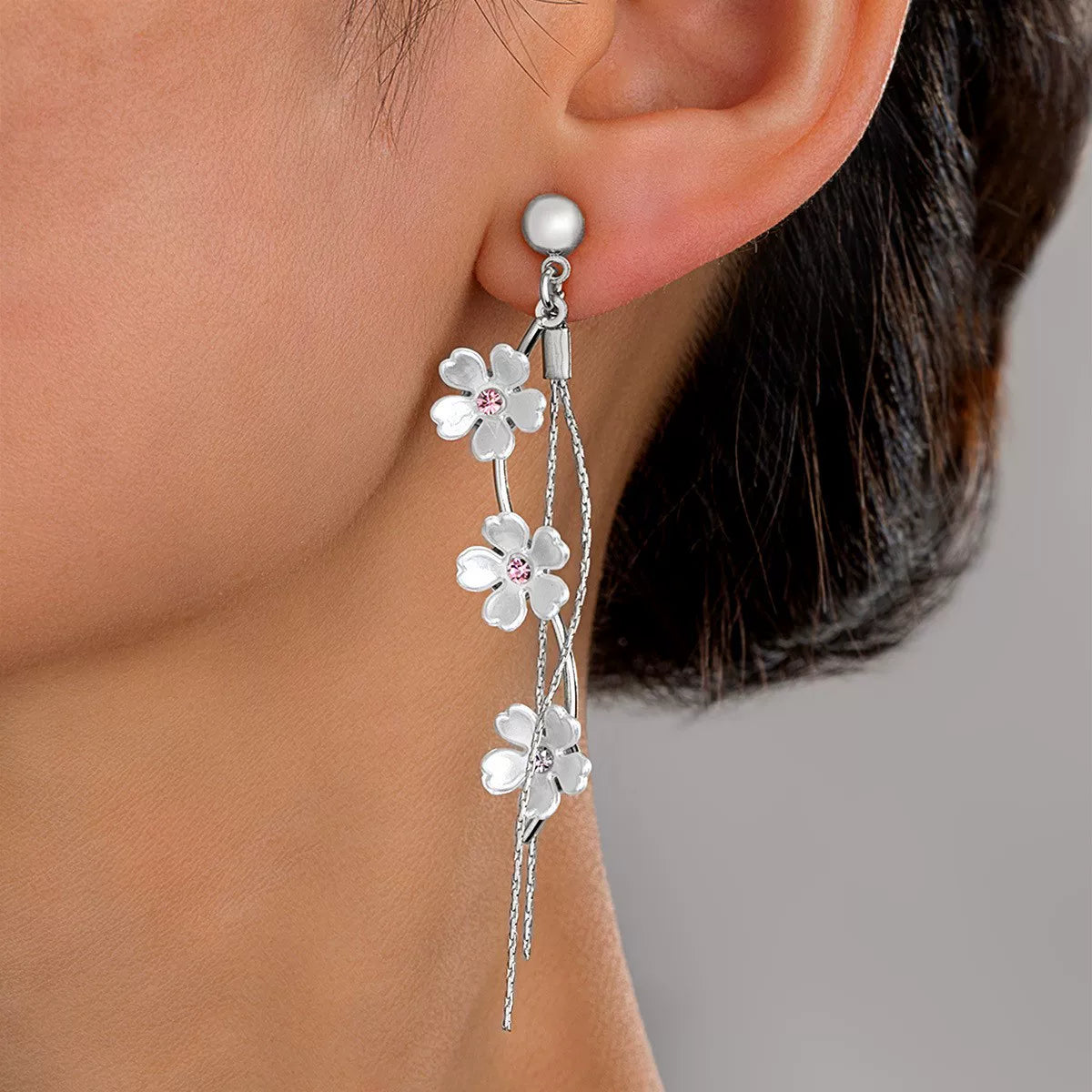 Easyjoy Fresh Wind ABS Imitation Pearl Cute Flower Long Tassel Ladies Commuter Temperament Elegant Earrings Ring