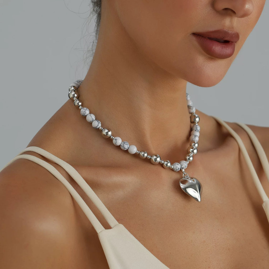 Stacked metal natural turquoise mixed and matched beaded alloy love necklace cold light luxury daily versatile necklace