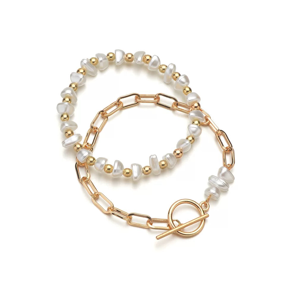 Pearl Irregular OT Chain Elastic Bracelet 2-piece Set | Gold Alloy | Old Money Vacation Daily | Commuter Light Luxury Women