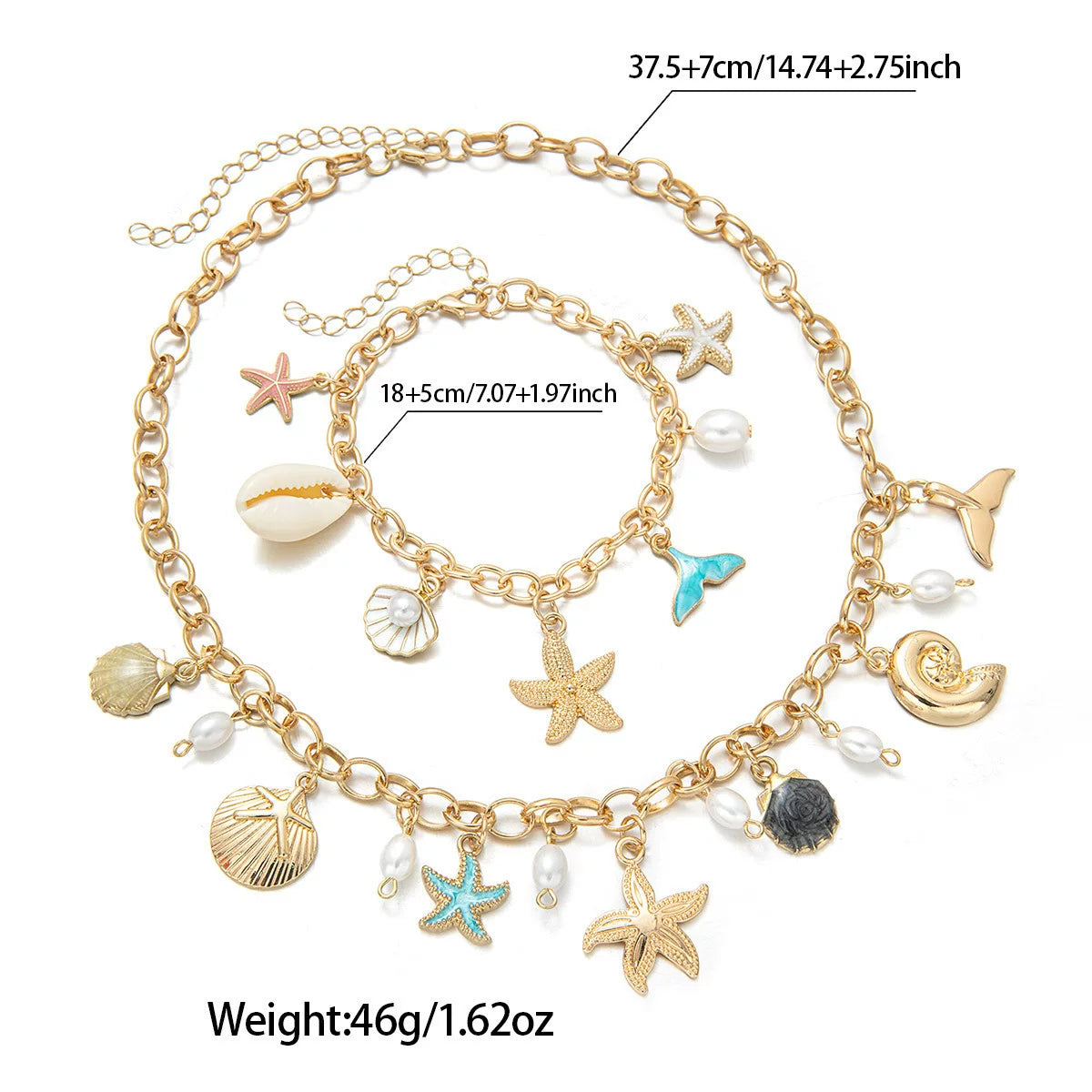 Ocean Starfish Shell Mermaid Tail Pendant Necklace | Enamel Zinc Alloy | Multi pendants Stackable Mix match | Coastal Beach Vacation Holiday Summer vibe | French Chic Fashion Gift  For her