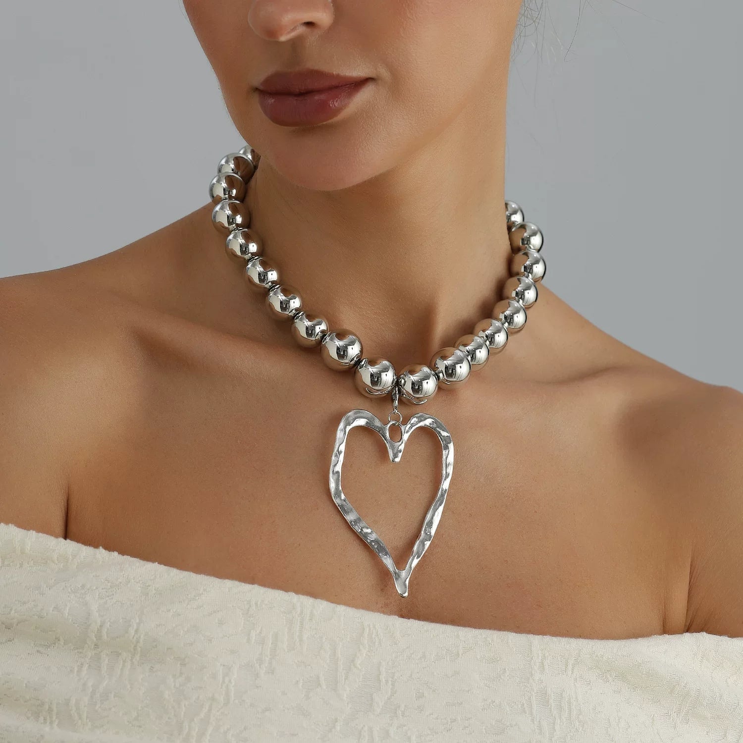large oversized Metal Beads Alloy Big Love Pendant Necklace Silver Metal cool tone sculptural Versatile Daily bold statement jewelry