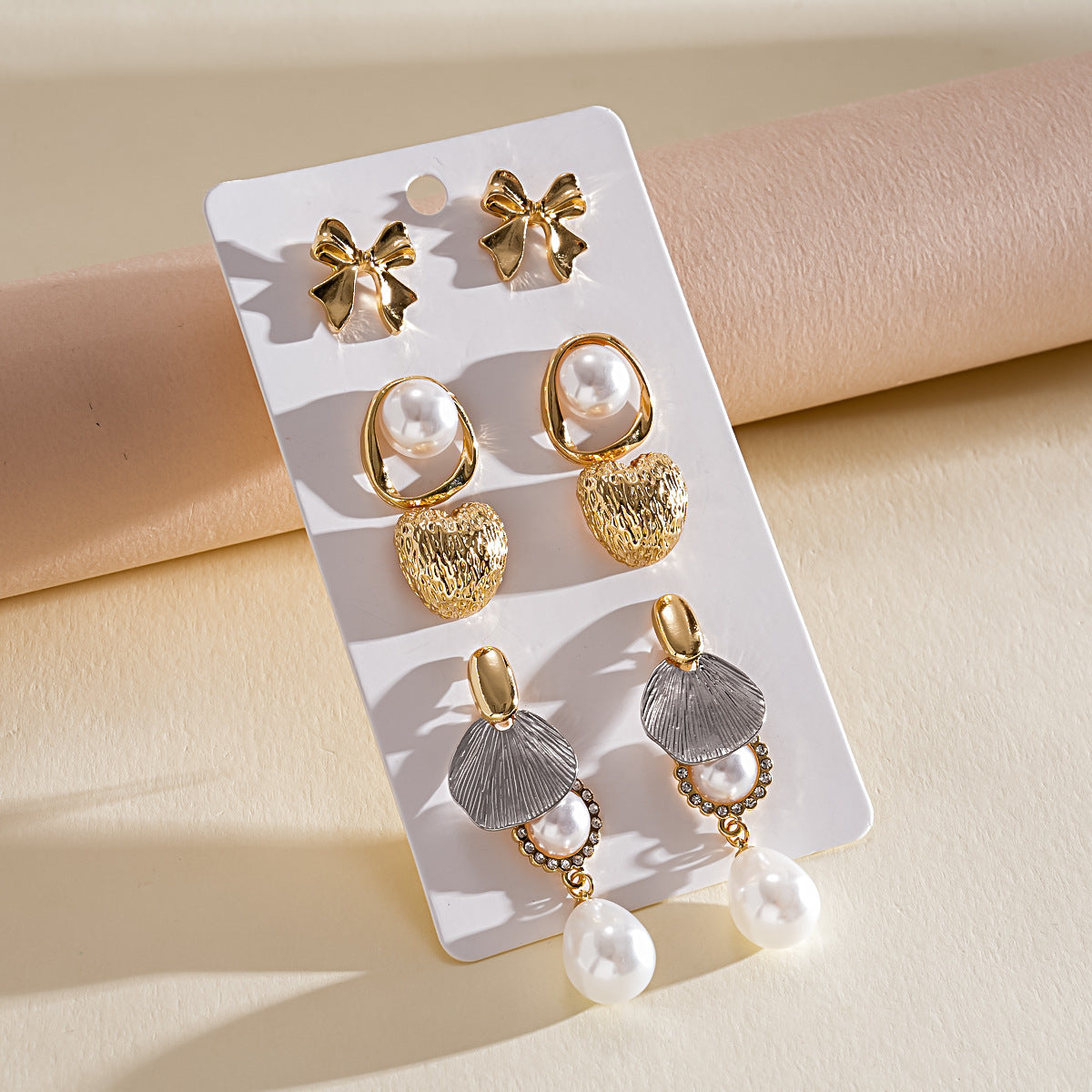 ZAMA DUMA ten-piece set retro pearl metal pleated bow silver needle earrings cross-border niche personalized fashion earrings