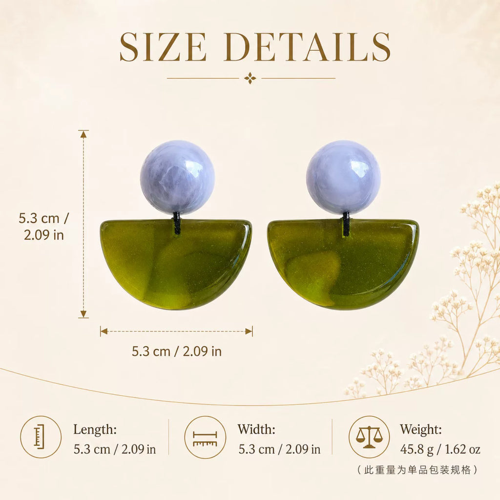 Vintage geometric semicircle green round stud earrings resin waterproof curved earrings bold glossy statement oversized daily wear vacation jewelry