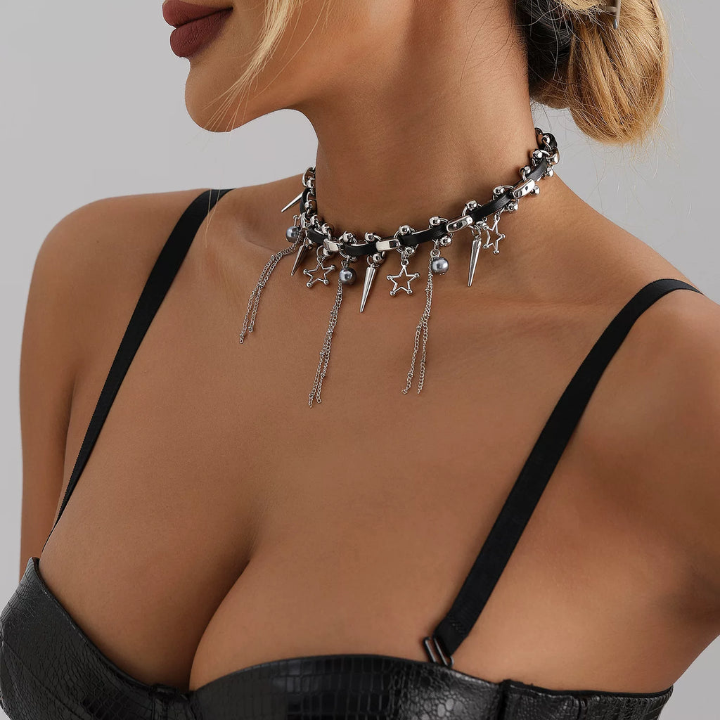 Punk Pentagram Fringe Leather Rope Collarbone Chain Necklace | Heavy Metal Goth | Sweet Cool Babe Dark | Niche Women