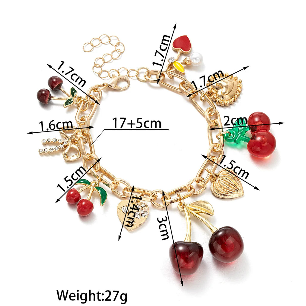 Mixed Elements Cherry Heart multi Pendant Bracelet Necklace Set | Alloy mix pearl | Raw Dopamine| Multi-material | Versatile Women