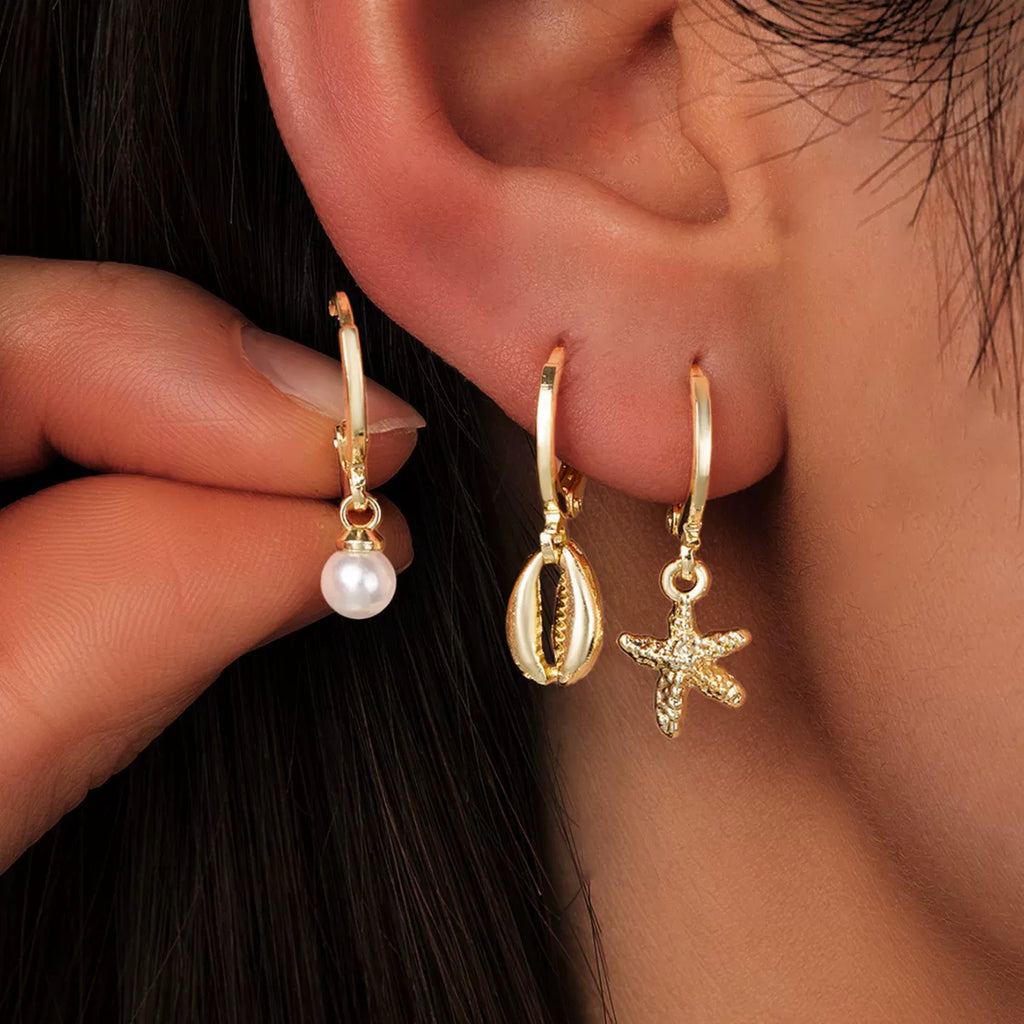 Ocean Pearl Starfish Shell Earrings Multi-piece Set | Alloy Silver Needle | Coastal Holiday Vacation | Beach Fashion Women