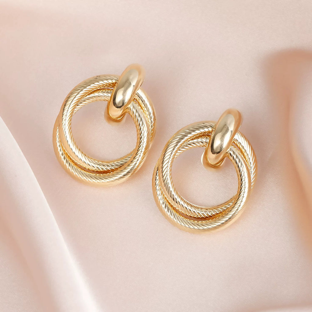 French Retro Gold Double Ring Earrings | Metal Alloy | Exaggerated Geometric Texture Niche | Sculptural High-End Fashion Women