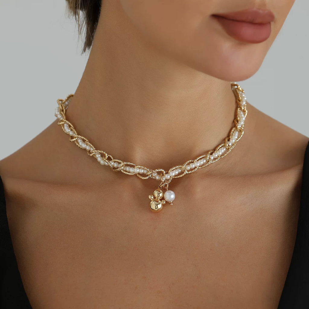Vintage winding pearl metal mixed and matched splicing necklace pendant necklace design sense niche versatile necklace