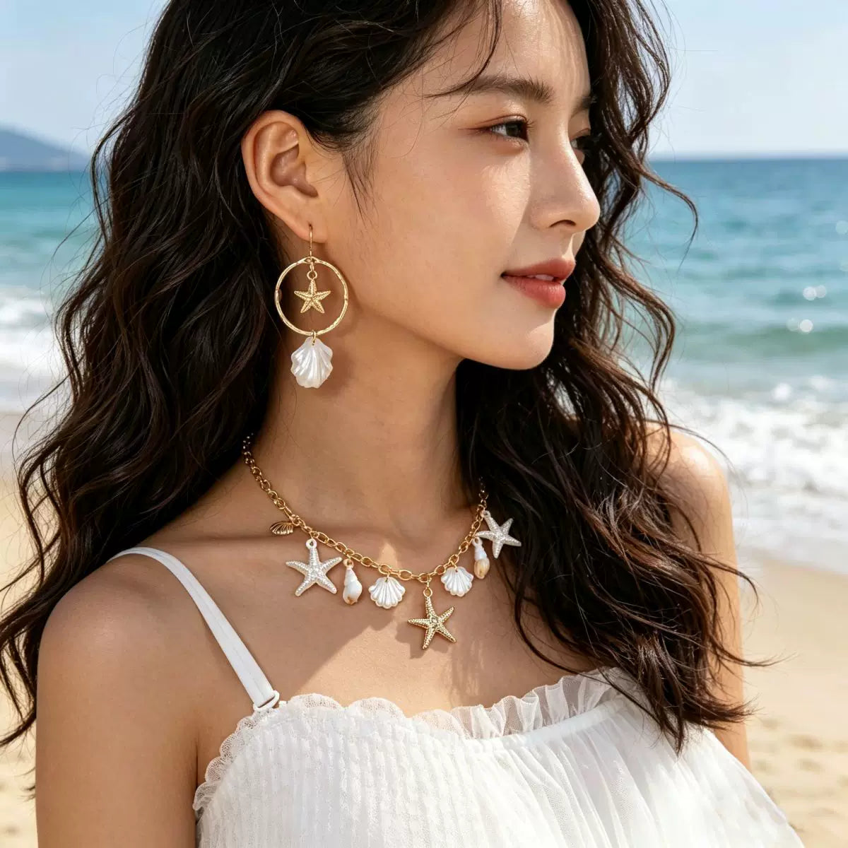 Ocean Starfish Pearl Shell Earrings Necklace Set | Alloy | Summer Beach Vacation Coastal | Holiday Fashion Women