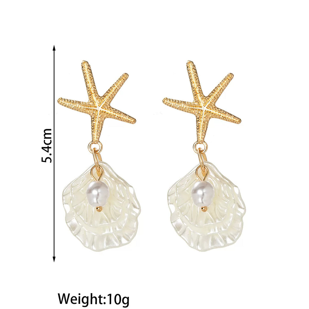 Ocean Starfish Pearl Shell Earrings Necklace Set | Alloy | Summer Beach Vacation Coastal | Holiday Fashion Women