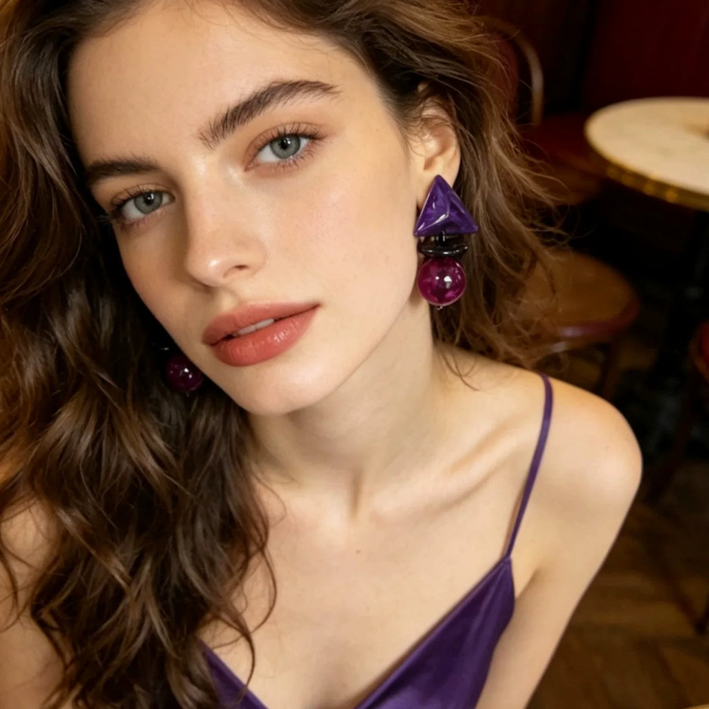 Vintage purple smudge three-dimensional pyramid resin waterproof stud earrings silver needle bold oversized statement earrings workplace commuter vacation effortless fashion