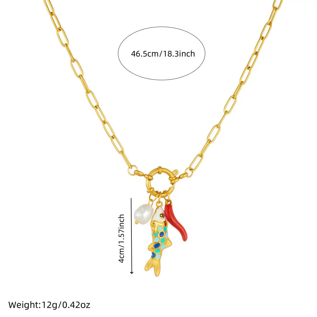 Ocean vacation color dripping small fish pendant imitation pearl pepper alloy spring buckle necklace conflict aesthetic jewelry