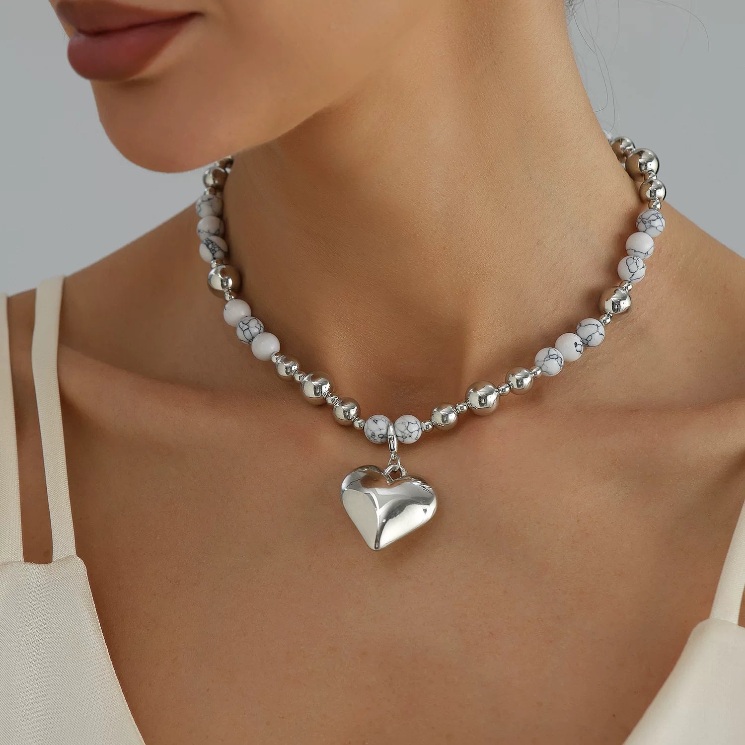 Stacked metal natural turquoise mixed and matched beaded alloy love necklace cold light luxury daily versatile necklace