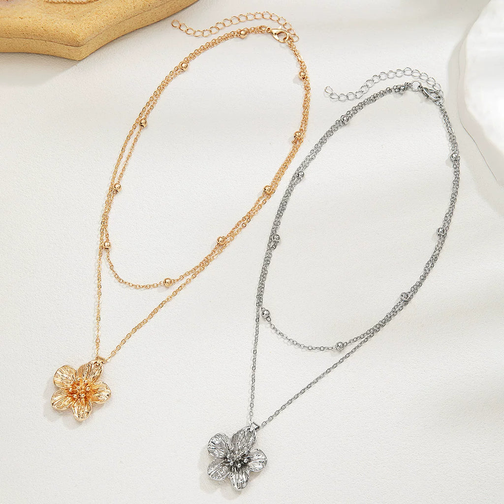 Floral 3D Flower Pendant Beaded Multi-layer Adjustable Necklace | Alloy | Stacked Niche Light Luxury | Fashion Women