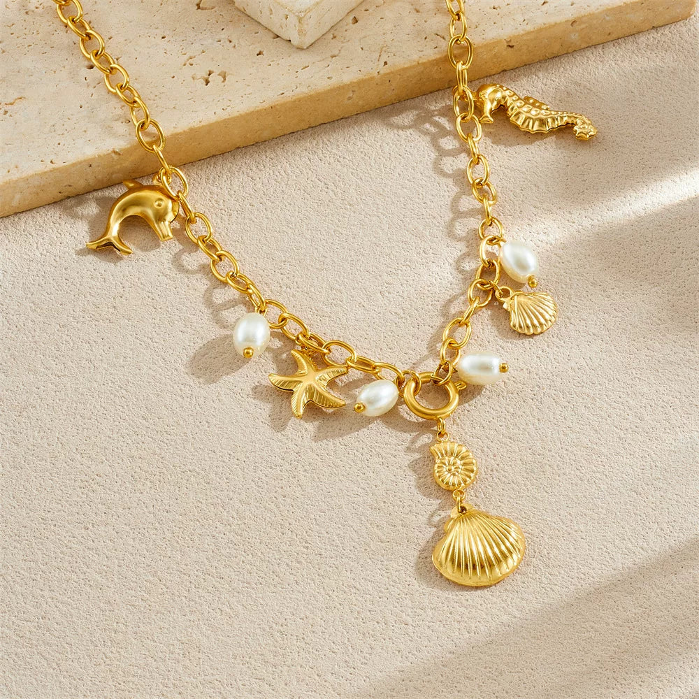 Ocean Gold Starfish Seahorse Shell Design Necklace | French chic |Stainless Steel Tarnish Free Chain | Coastal Niche | Waterproof necklace | Stackable Beach Vacation Summer