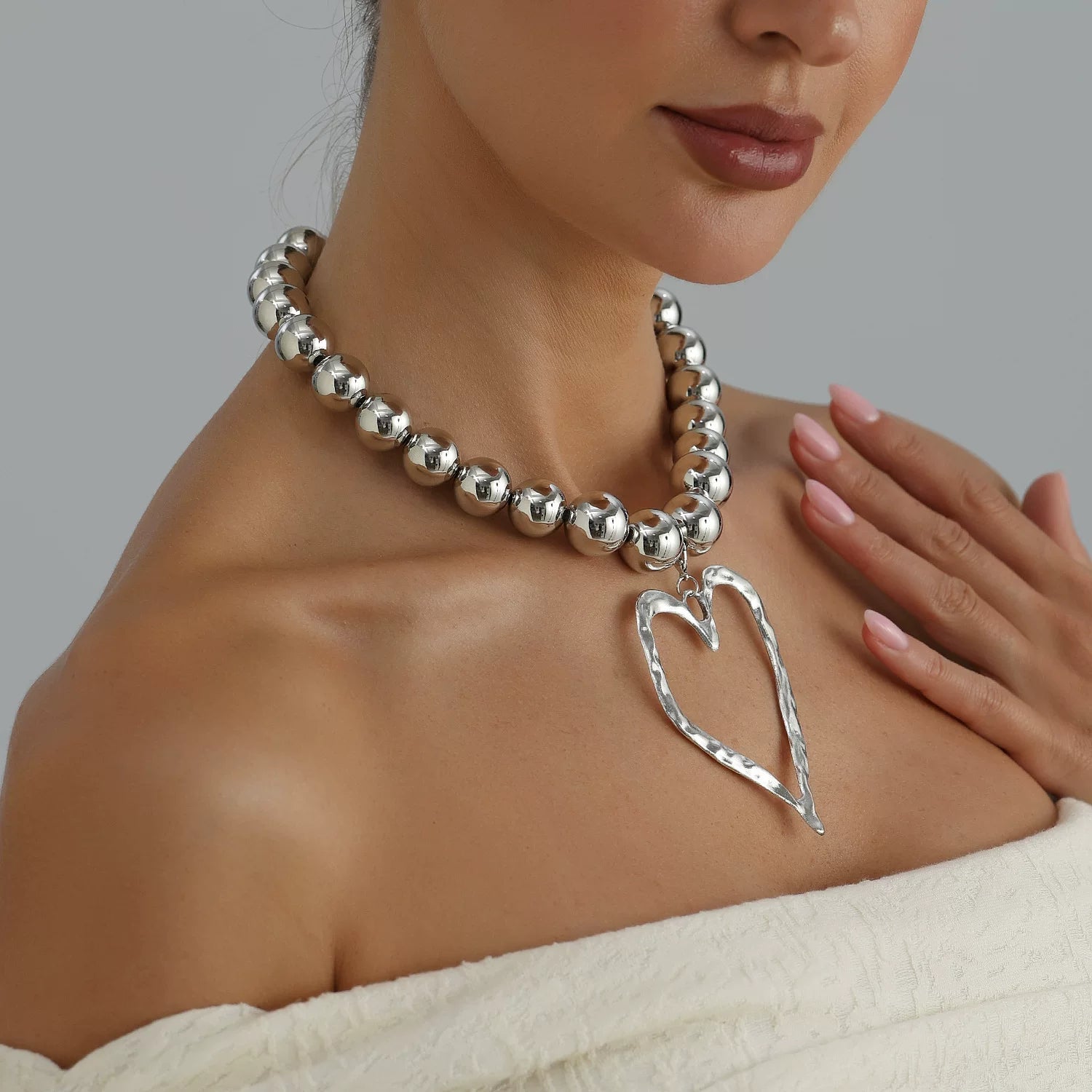 large oversized Metal Beads Alloy Big Love Pendant Necklace Silver Metal cool tone sculptural Versatile Daily bold statement jewelry
