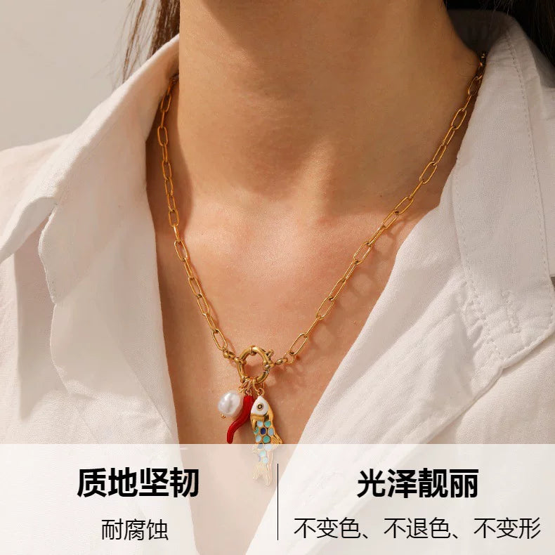 Ocean vacation color dripping small fish pendant imitation pearl pepper alloy spring buckle necklace conflict aesthetic jewelry