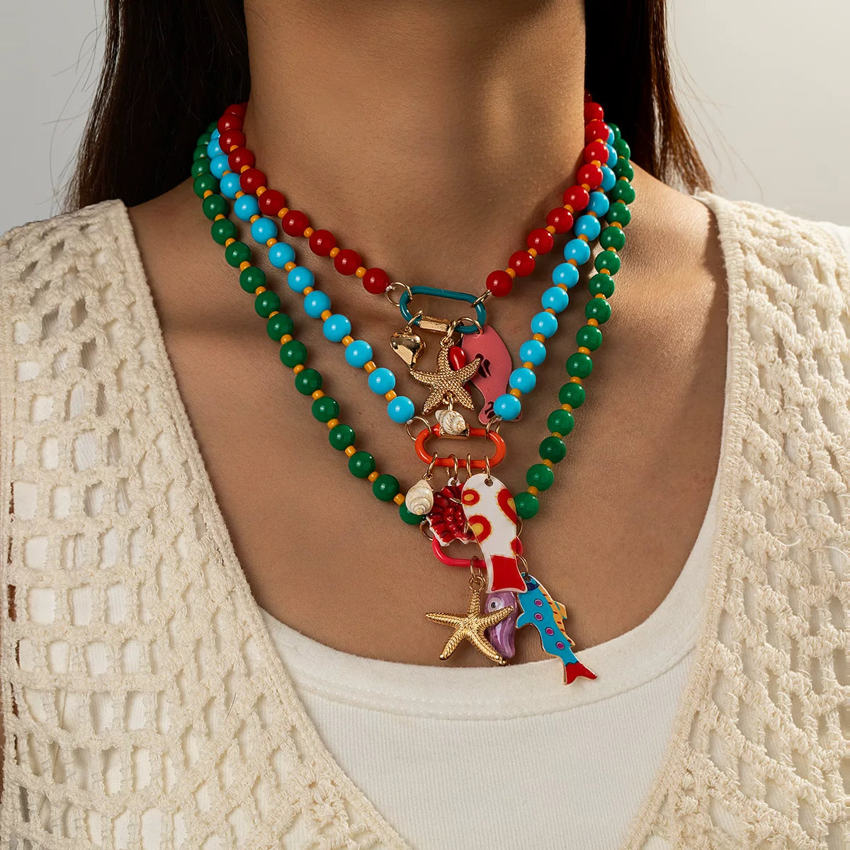 Vibrant Enamel Layered Marine life Multi Pendant Beaded Layered Ocean Necklace | Colorful Mixed tone zinc Alloy | Retro Niche Light Luxury| Collarbone Stackable Chain French chic Raw Dopamine | Gift for her